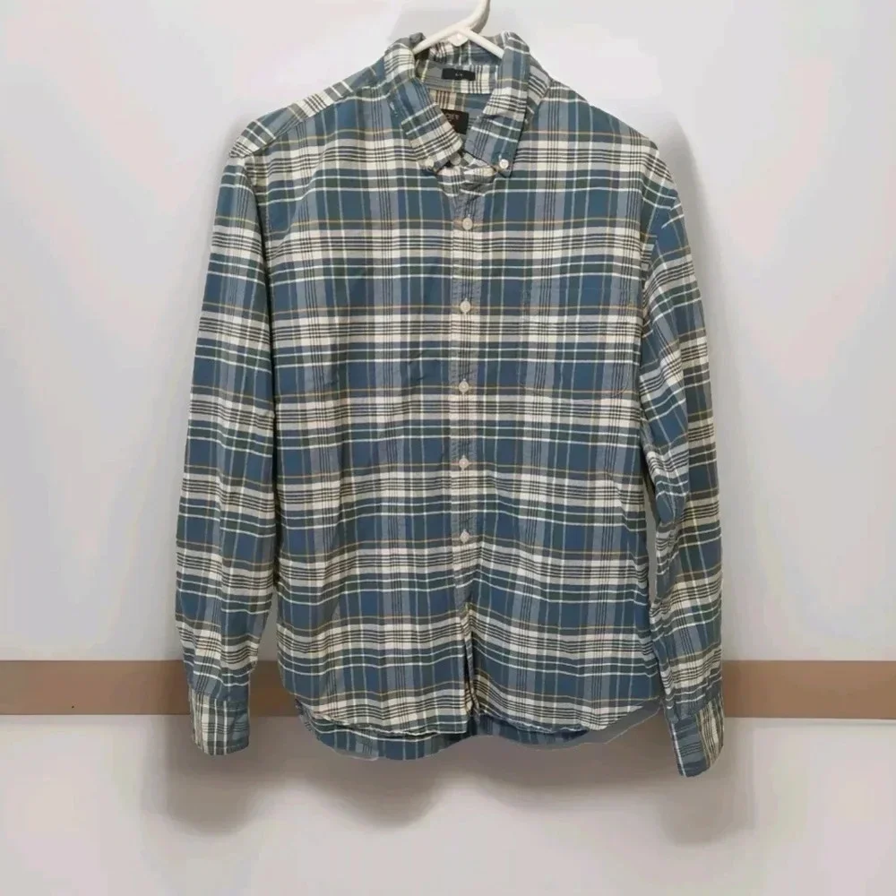 J.Crew slim Oxford Blue Plaid Button Down shirt Mens L Preppy Academia